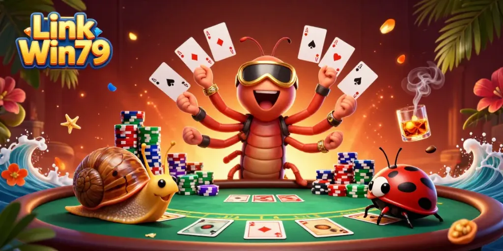 Experience the excitement of Link Win79 with a vibrant casino scene featuring a dealer and high-roller.