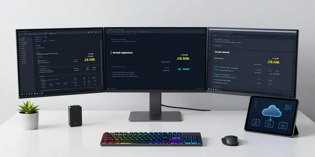 .co.uk renewal price comparison displayed on a modern developer workspace with coding tools and tech gadgets.