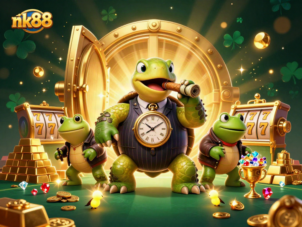 nk88 thrilling visual of a massive turtle mobster amidst gold and slots for gamblers