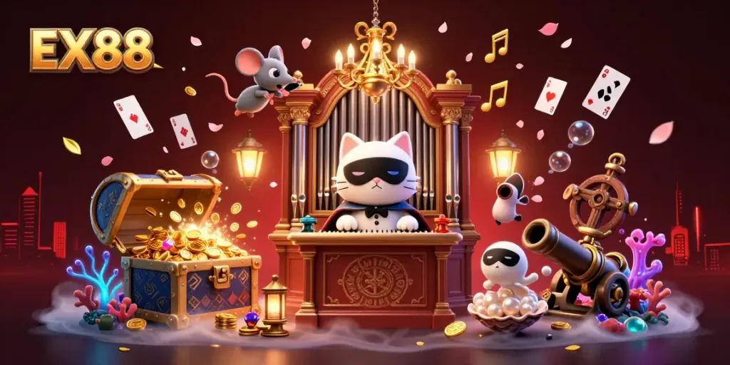 Experience the thrill of gaming with EX88, featuring a casino-themed illustration with vibrant elements.