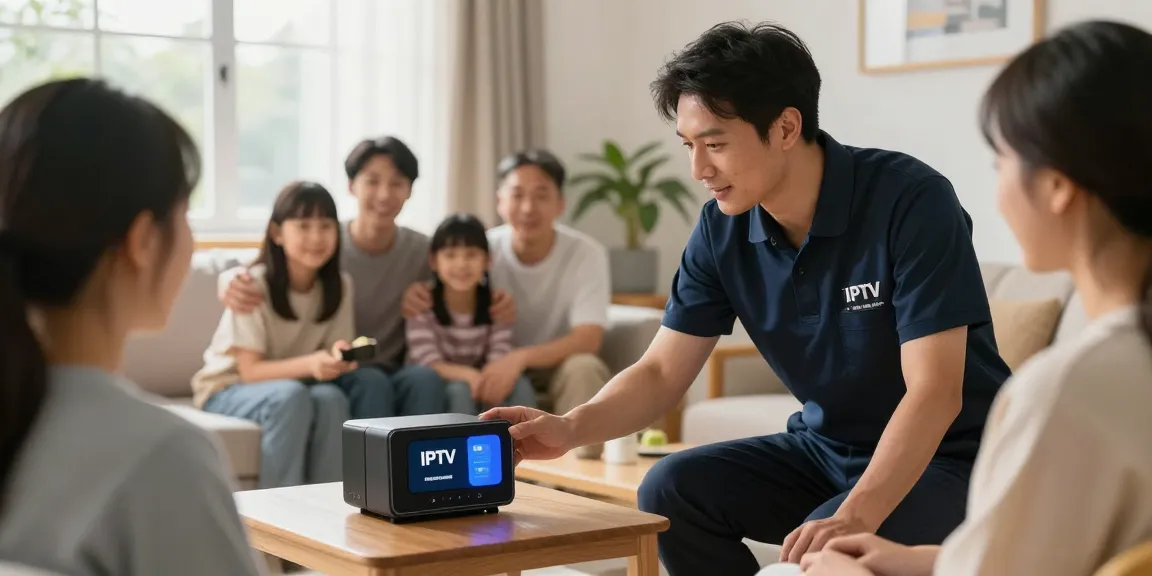 Expert IPTV reseller UK demonstrating installation to a local family with trusted service at home.