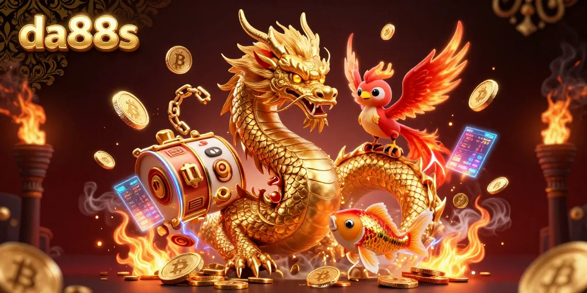 Experience the thrilling da88s casino with a vibrant 3D illustration of a golden dragon and fiery phoenix amidst coins and jackpots.