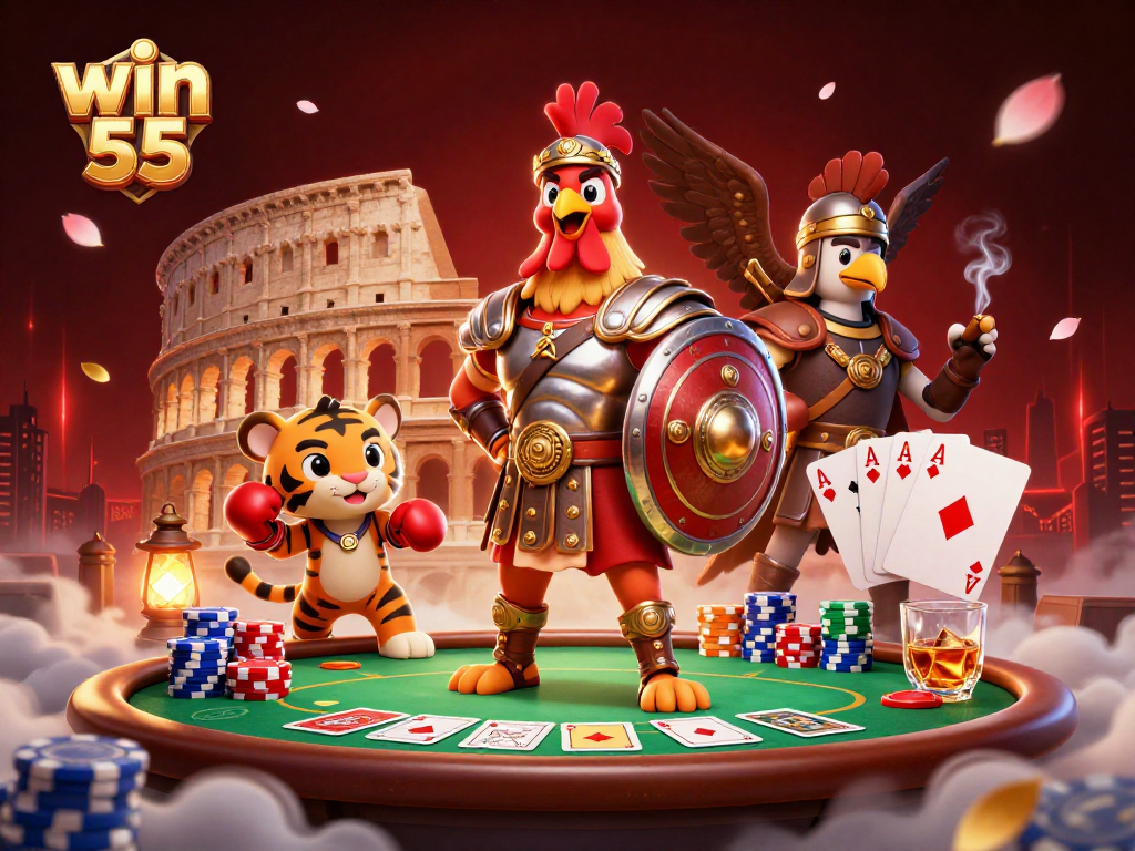 Experience win 55 with a dynamic 3D scene of a gladiator rooster and casino elements.
