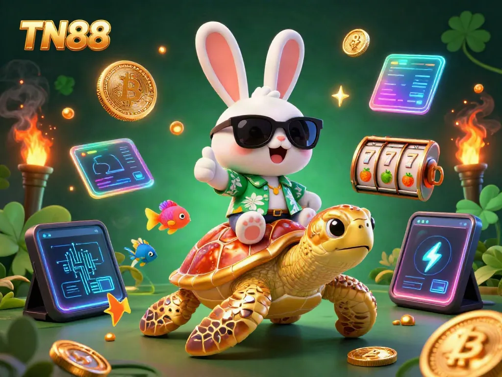 Spin to win with TN88 in a vibrant casino scene featuring a lucky rabbit and golden sea turtle.