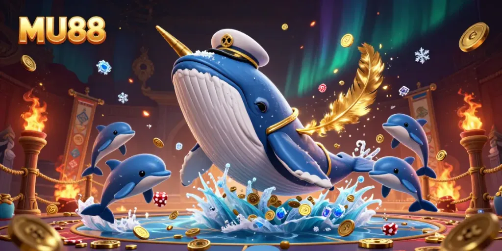 Play exciting games at MU88 with a vibrant underwater scene featuring a captain whale and poker dolphins.