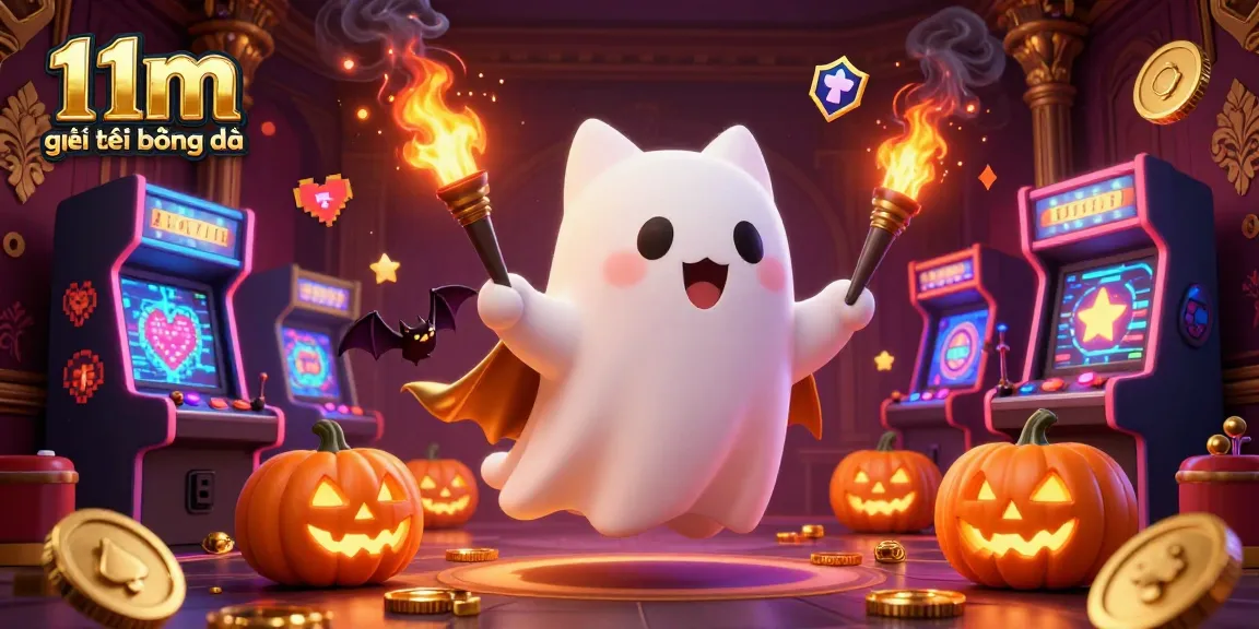 Experience the thrill with 11m giải trí bóng đá as a playful ghost cat and bat fill a vibrant haunted casino.