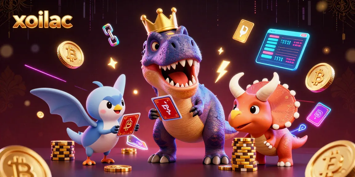 Engage with xoilac as T-Rex shuffles cards while a pterodactyl assists, all amidst vibrant casino elements.