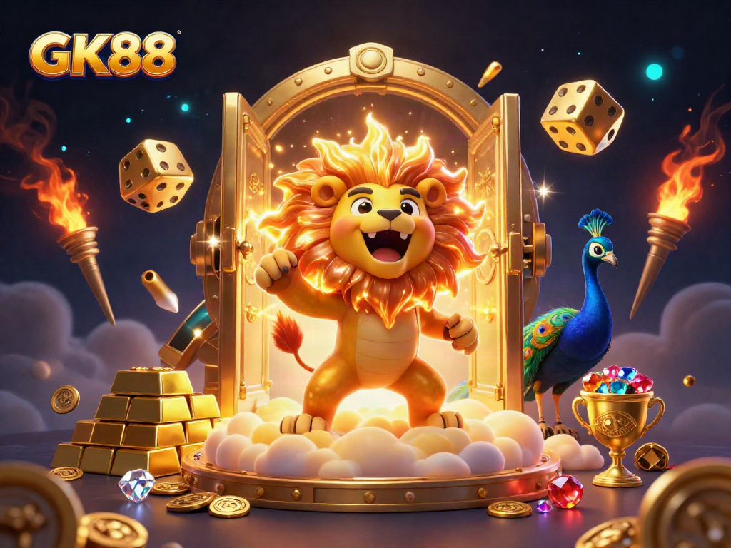 Spin to win with GK88 as a majestic lion roars amidst treasures and dynamic casino elements.