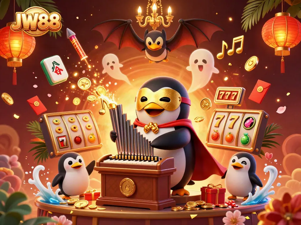 Experience thrilling slots at JW88 with a vibrant animated casino scene featuring engaging characters.