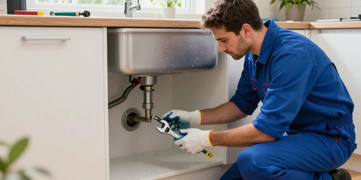 Expert plumber resolving a blocked drain London issue in a bright kitchen setting.