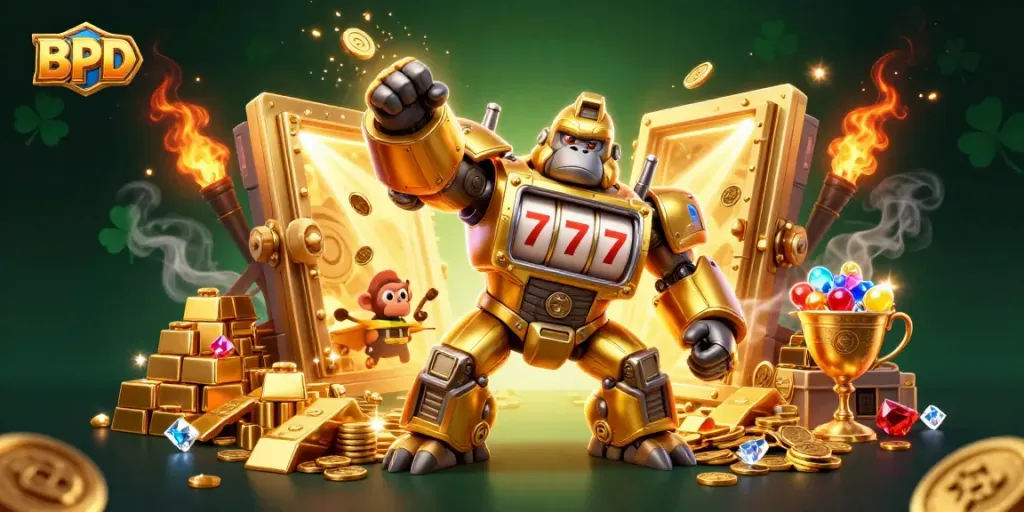 BPD-themed slot machine illustration featuring a golden gorilla mech and treasure elements