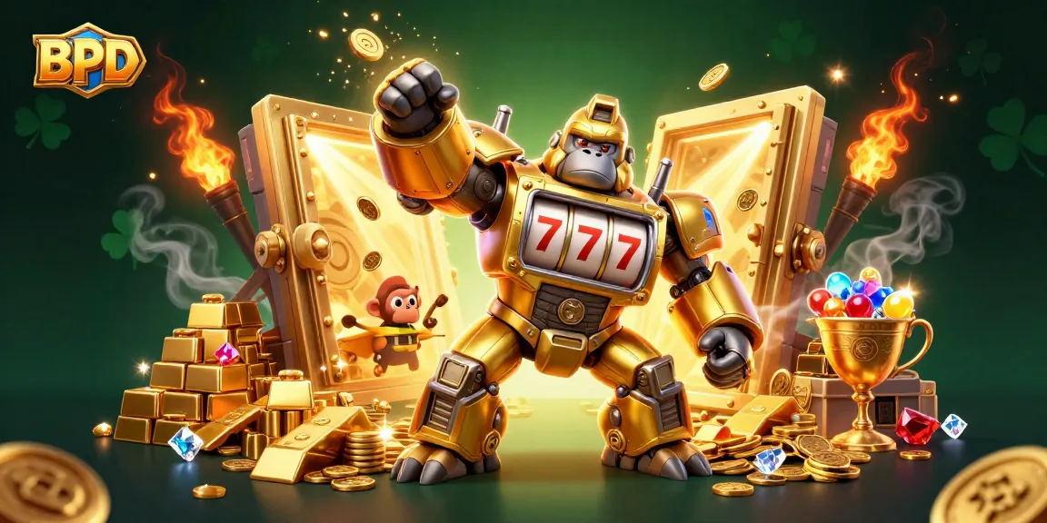 BPD-themed slot machine illustration featuring a golden gorilla mech and treasure elements