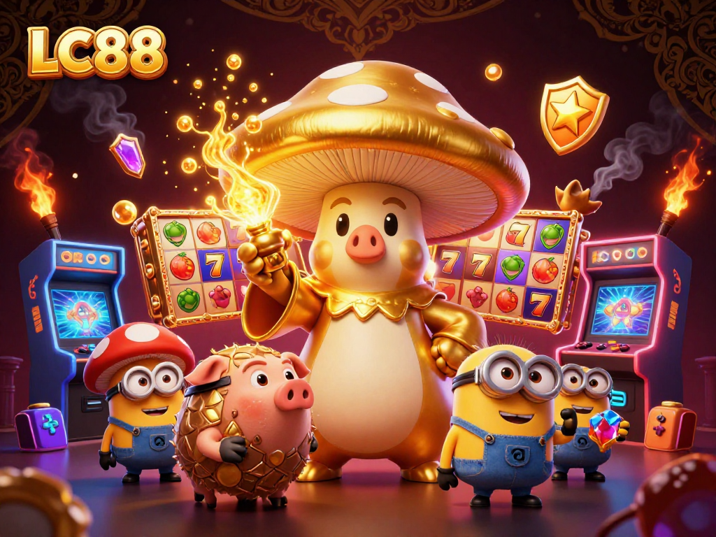 Experience immersive gaming with LC88's golden wizard, slot machines, and vibrant characters.