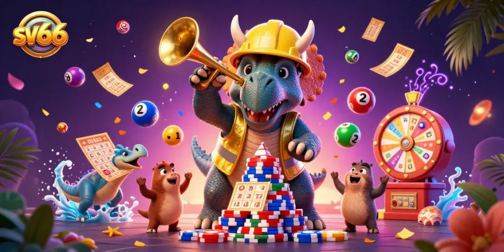 Build your strategy with sv66 as a triceratops constructs a poker chip pyramid in this vibrant casino scene.
