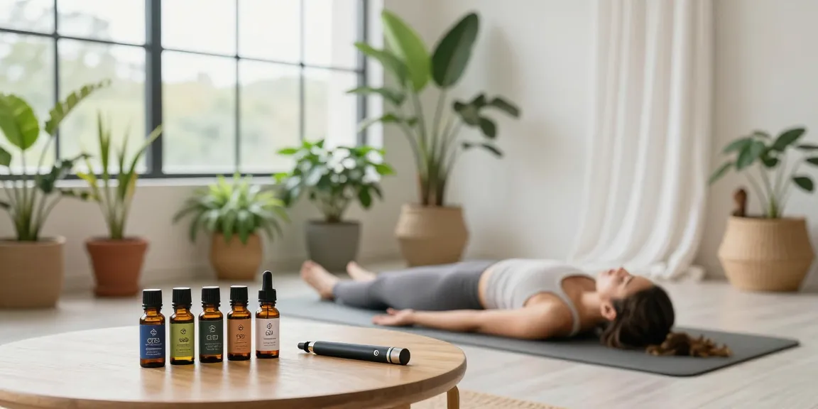 Strong THC vapes UK featured alongside premium CBD oils in a serene yoga space, promoting wellness and natural health.