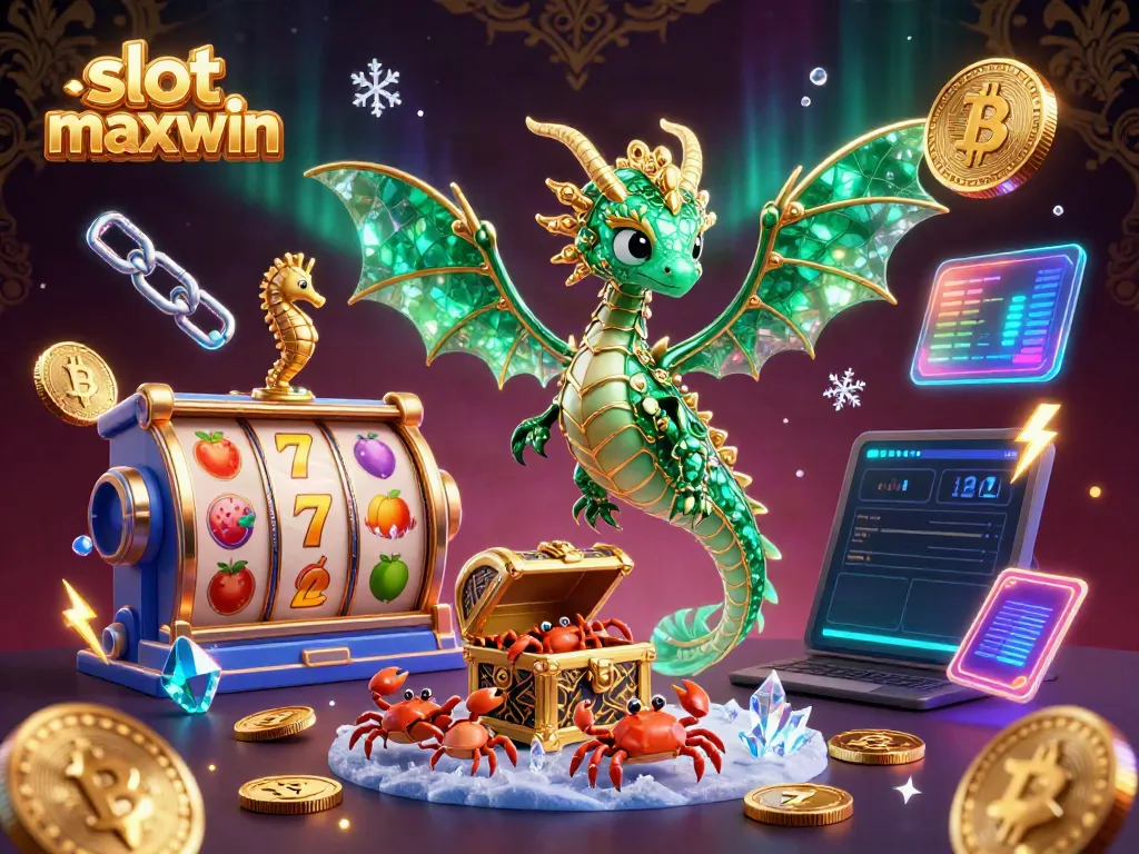 Spin to win with slot maxwin, featuring an emerald dragon, slot reels, and crypto coins in a vibrant casino scene.