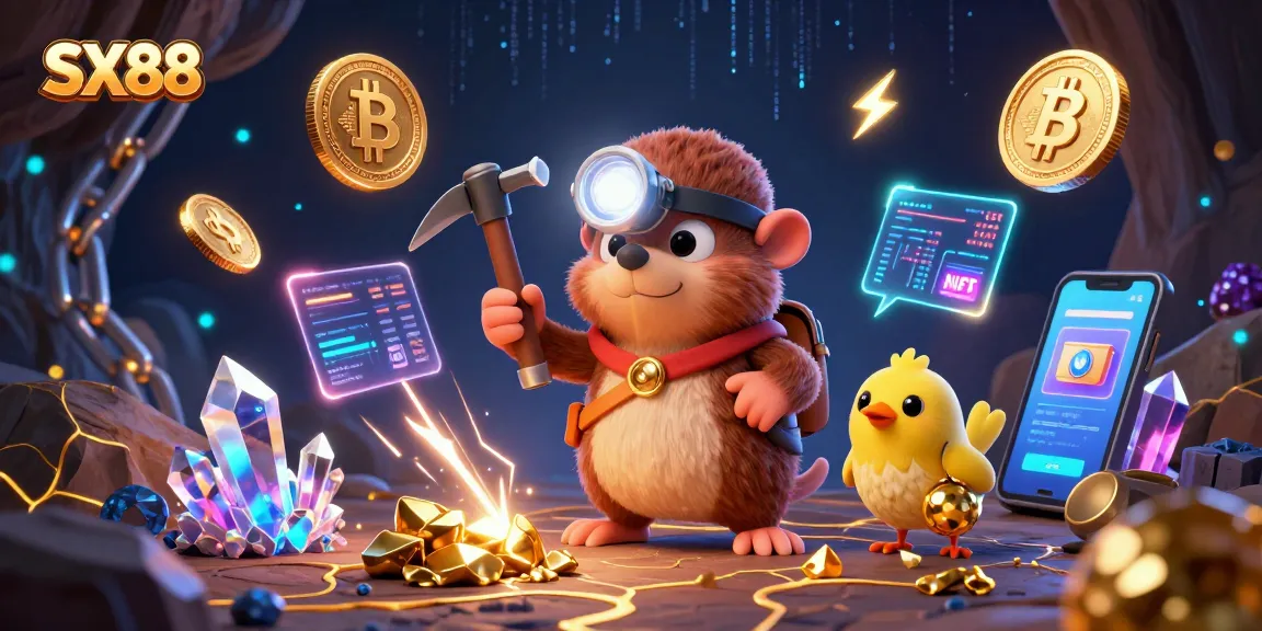 SX88 showcases an energetic treasure hunting scene filled with gems and crypto elements for online gambling.