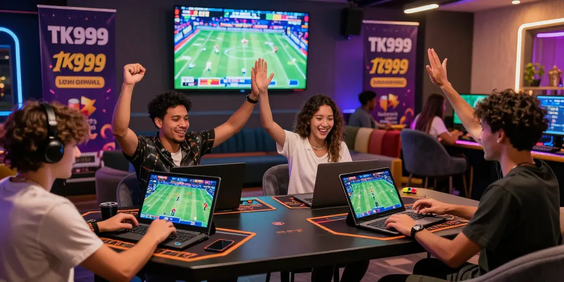 TK999 players enjoying online sports betting and casino games in a lively lounge atmosphere.
