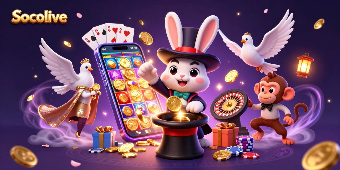 Socolive showcases a dazzling 3D scene with a magician rabbit, a dove, and a monkey amid vibrant casino elements.