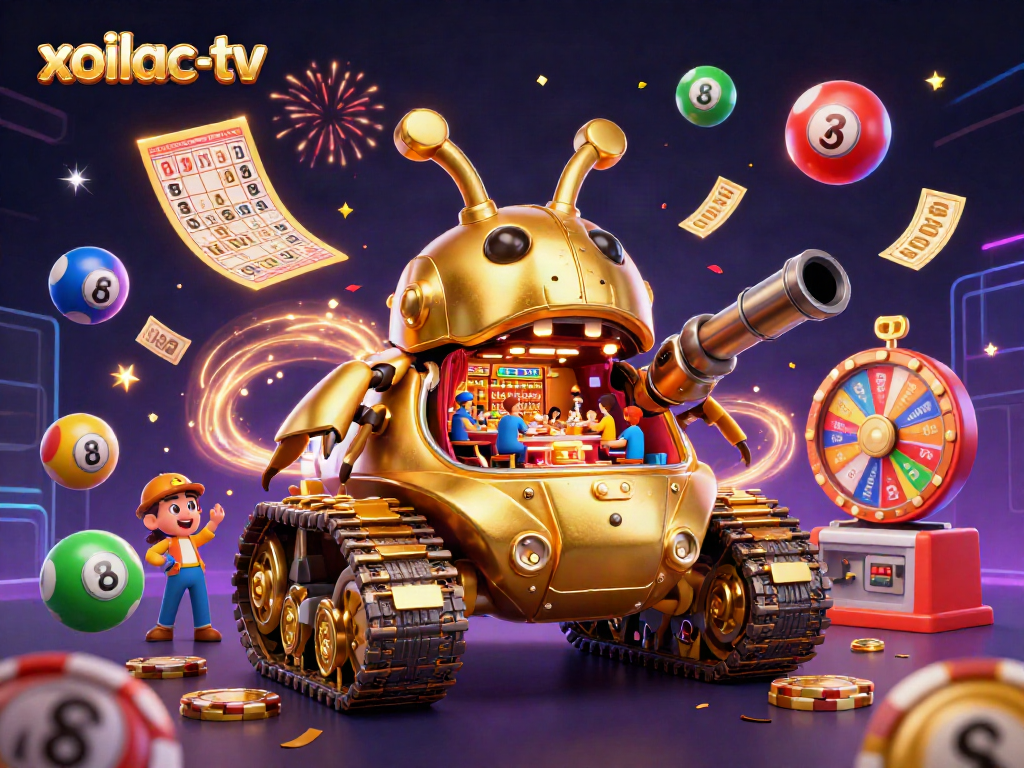 Experience the excitement of xoilac-tv with a vibrant 3D casino scene featuring dynamic lottery and gaming elements.