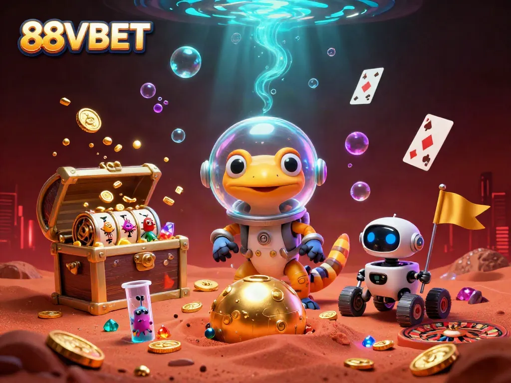 Experience the thrilling world of 88VBET with a Martian gecko discovering a casino, surrounded by vibrant gaming elements.