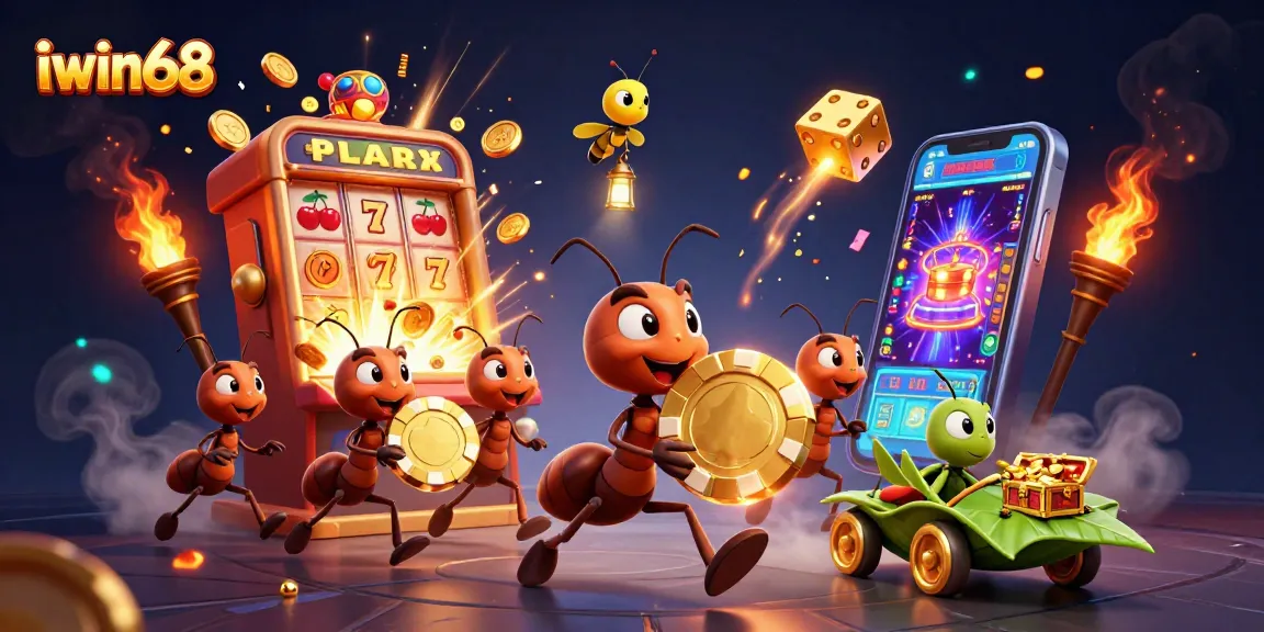 Engage with iwin68 during an epic heist featuring ants, golden chips, and colorful casino elements.