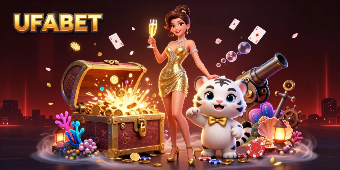 Join the excitement of UFABET with glamorous gaming elements, including poker chips and gold coins.