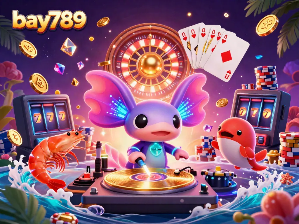 Experience the thrill of bay789 with vibrant 3D casino elements, featuring lively characters and game symbols.