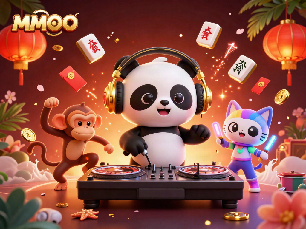 Experience MMOO's vibrant casino scene with a DJ panda and fun characters in an interactive party atmosphere.