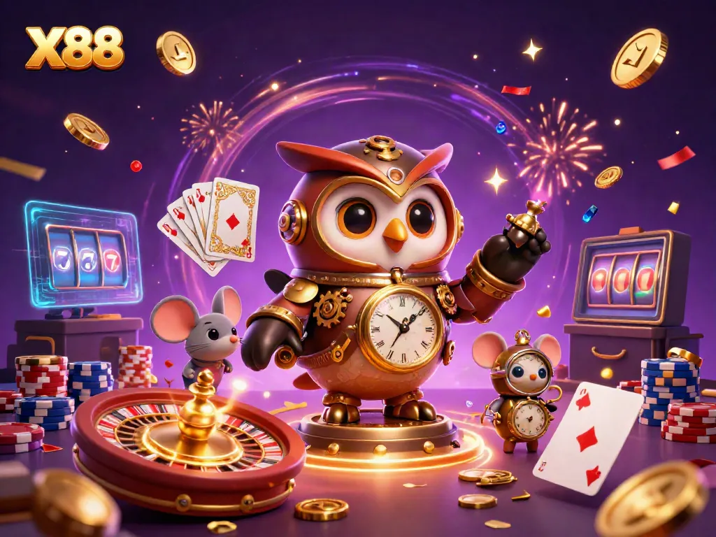 Experience the excitement of X88 in this dynamic casino scene with a time-traveler owl and coins flying.