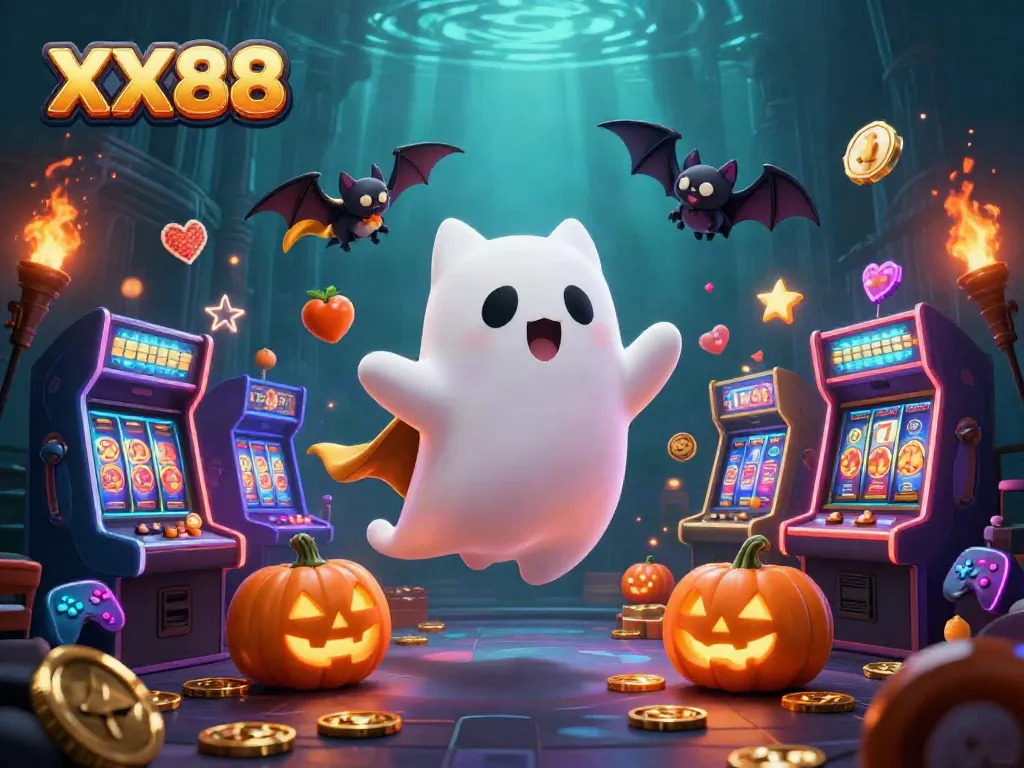 Win big at XX88 with a playful ghost cat and jackpot symbols lighting up the haunted casino.