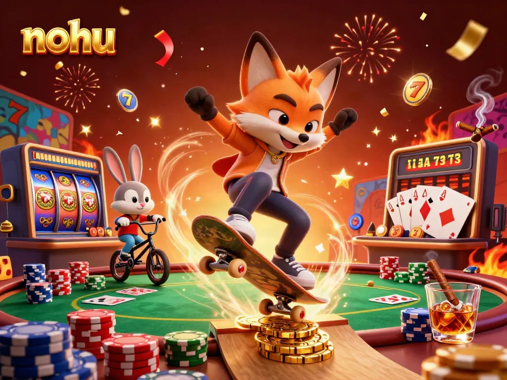 Experience the thrill of nohu with vibrant cartoon characters in a dynamic casino scene, engaging in exciting gameplay.