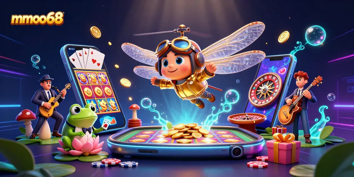 mmoo68 spins the reels on a vibrant slot game, featuring rich casino elements and lively characters.
