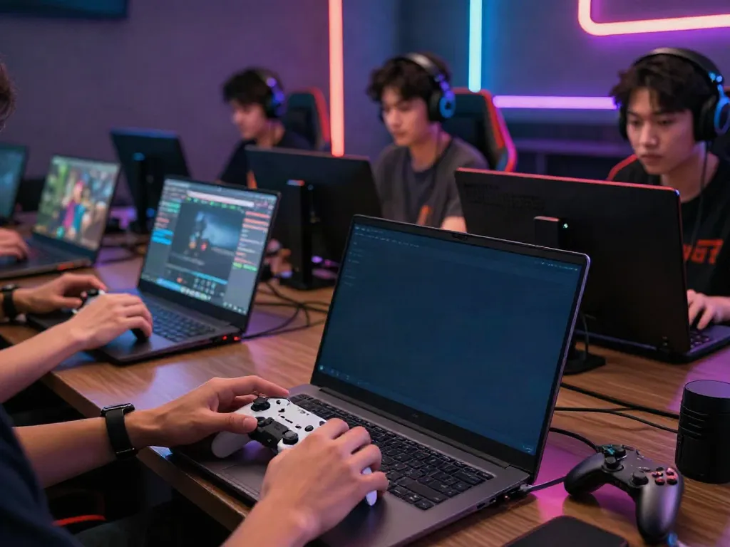 Engaging gamers in a lively DEBET online gaming lounge with modern devices and neon lights.