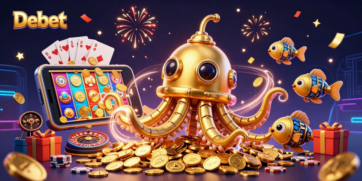 Engage with Debet's vibrant gaming universe featuring golden kraken submarine and exciting slot elements.