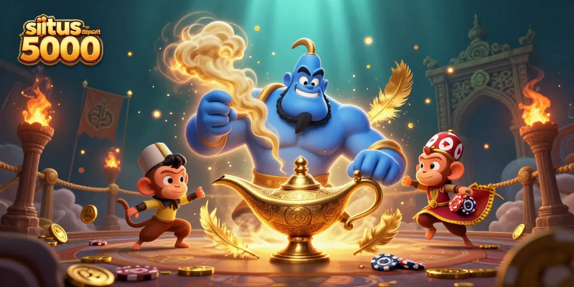 Play slots at situs deposit 5000 with golden genie and monkey on a magic carpet.