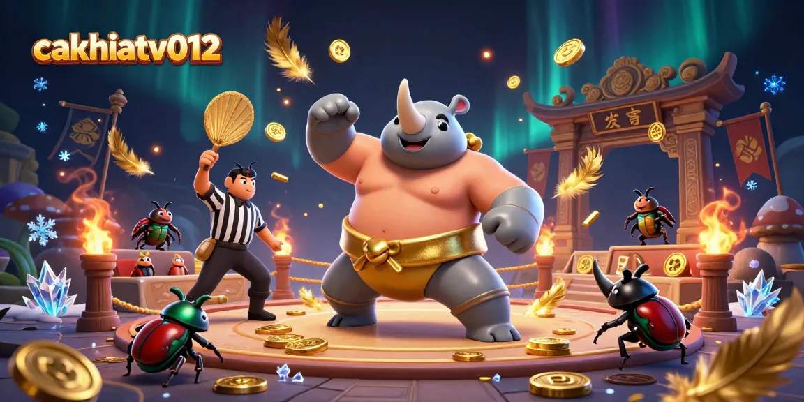 Experience thrilling gameplay with cakhiatv012 as the beetle champion sends coins flying in this vibrant casino scene.