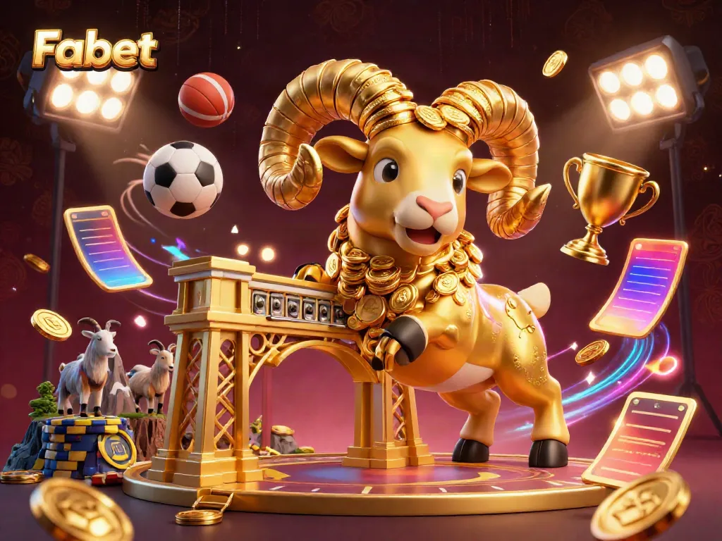 Experience Fabet's thrilling sports betting action with a golden ram charging at a golden gate, surrounded by vibrant sports elements.