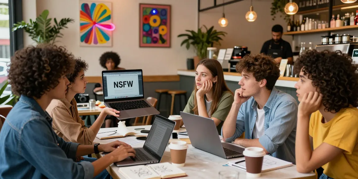 Group of friends in a trendy café discussing NSFW content displayed on a laptop, vibrant urban atmosphere.
