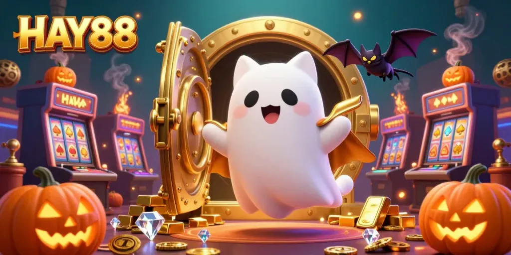 Join the thrilling action at HAY88 with a ghostly cat and bat companion amidst vibrant casino treasures.