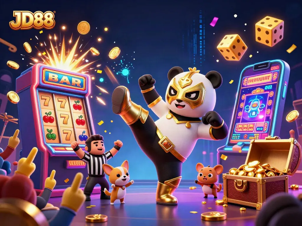 Experience thrilling slot action with JD88, featuring a cartoon panda wrestler and vibrant casino elements.