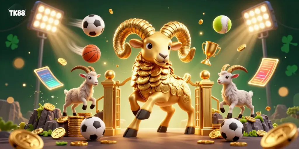 Engage in thrilling sports betting with TK88 as a massive golden ram symbolizes fortune in a lively casino atmosphere.
