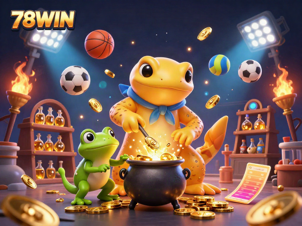 Experience thrilling gaming at 78WIN, illustrated with a golden alchemist and dynamic sports elements.