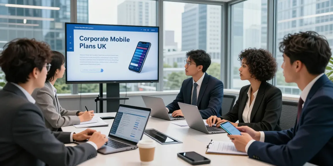 Team collaborating on corporate mobile plans UK in a modern office setting, showcasing a professional atmosphere.