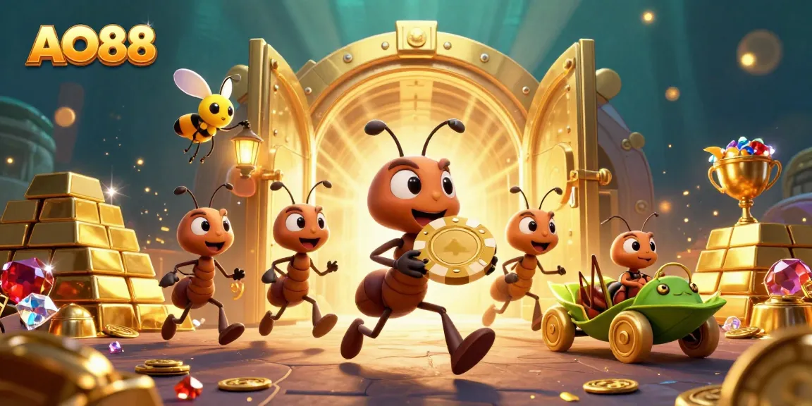 Experience excitement with AO88 as a cartoon team of ants carrying a giant poker chip in a thrilling heist underground.
