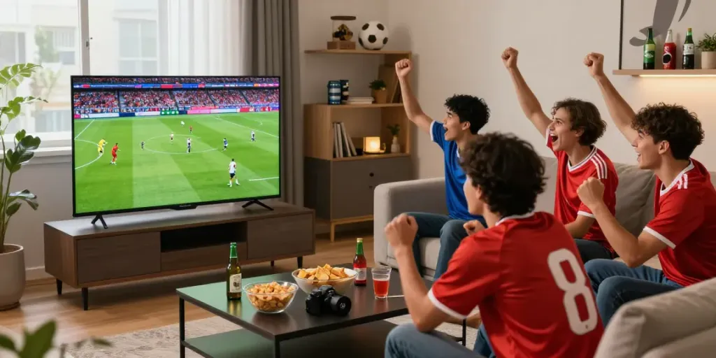Friends enjoying a live football match on Xoilactv in a cozy living room.