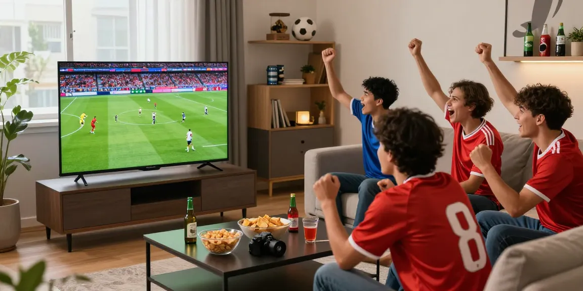 Friends enjoying a live football match on Xoilactv in a cozy living room.