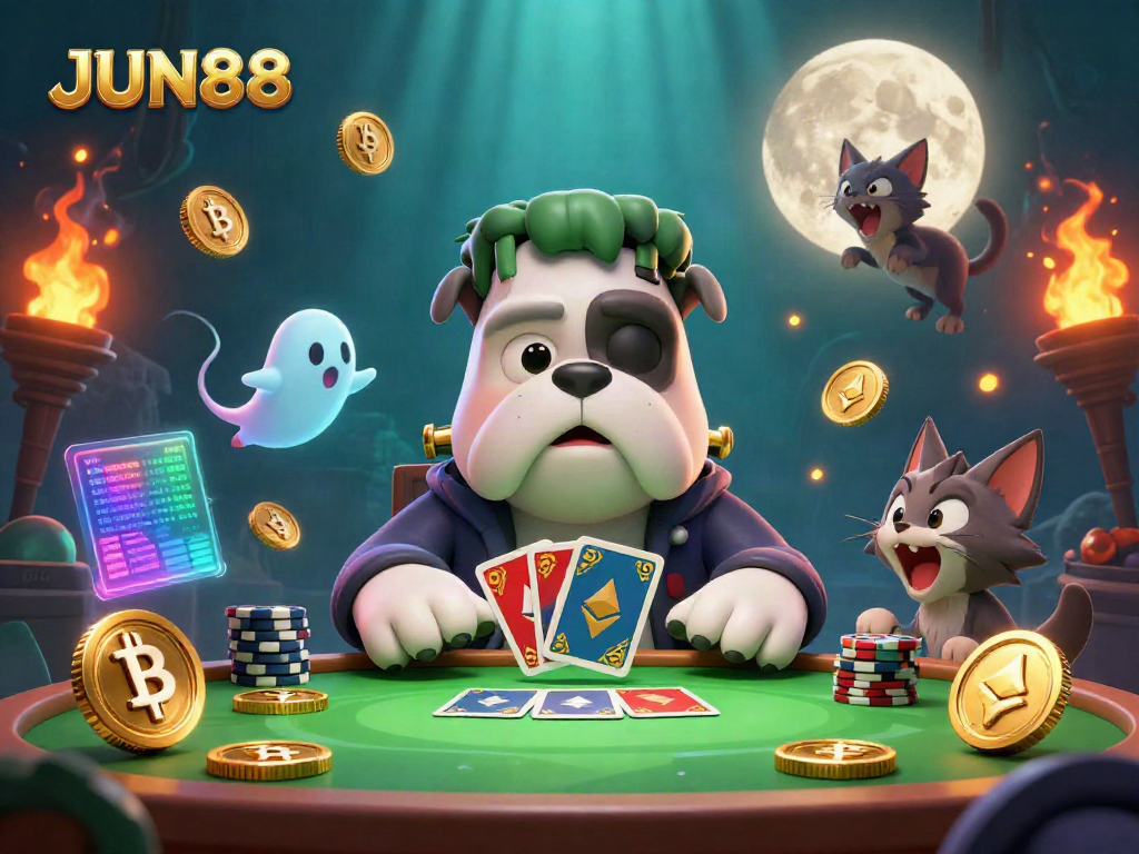 Experience JUN88 with a lively 3D casino scene featuring a Frankenstein bulldog monster and gold moon, vibrant chips, and playful game elements.