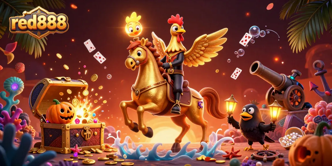 Experience the lively casino atmosphere with red888's golden rooster character amid sparkling treasures.