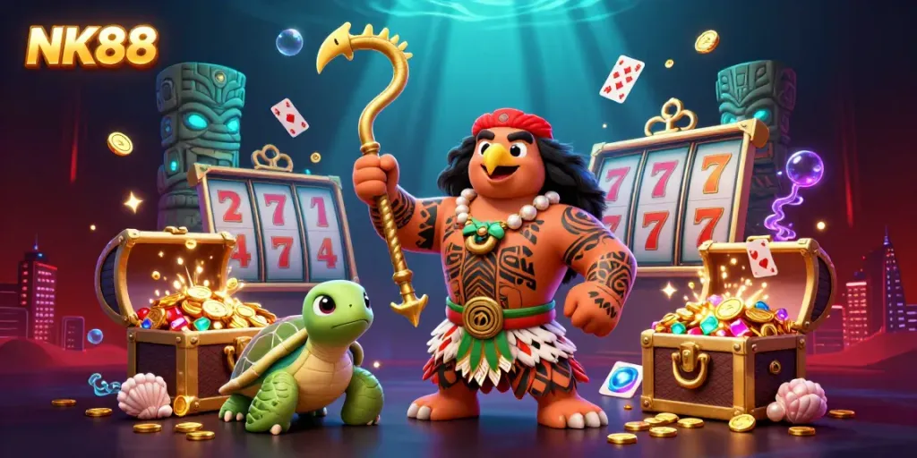 Experience vibrant slots action with NK88 as a demigod flies through golden treasures and glowing tiki elements.